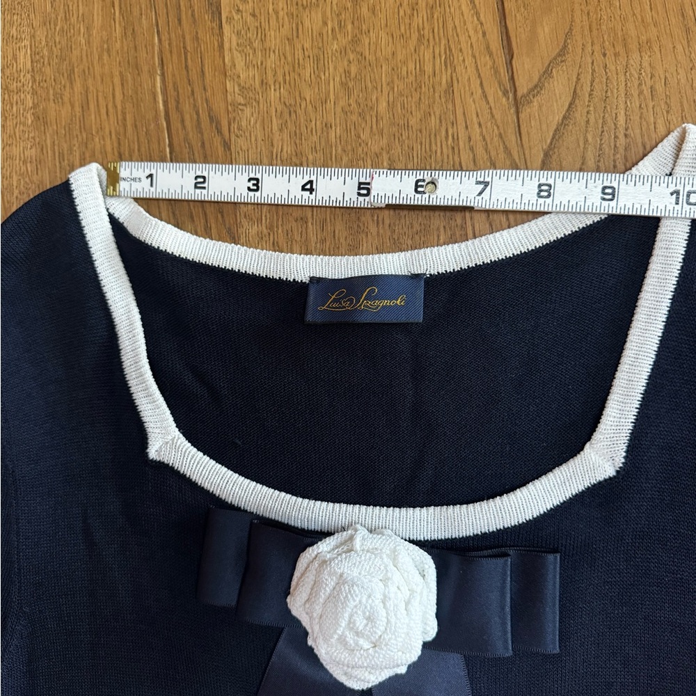 Luisa Spagnoli Navy Blue Knit Dress IT 44 US 8 Bow Trim Elegant Classic Luxury - Picture 9 of 11